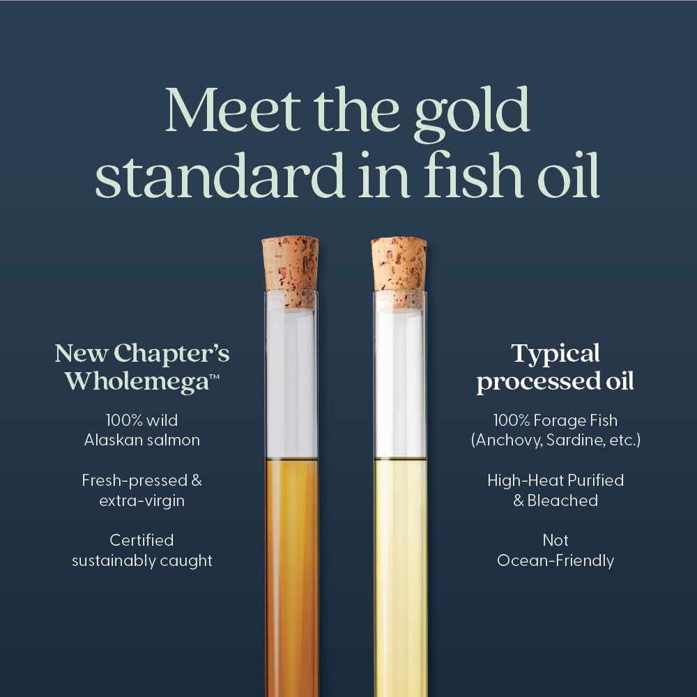 New Chapter Wholemega amber bottle emphasizing purity and freshness