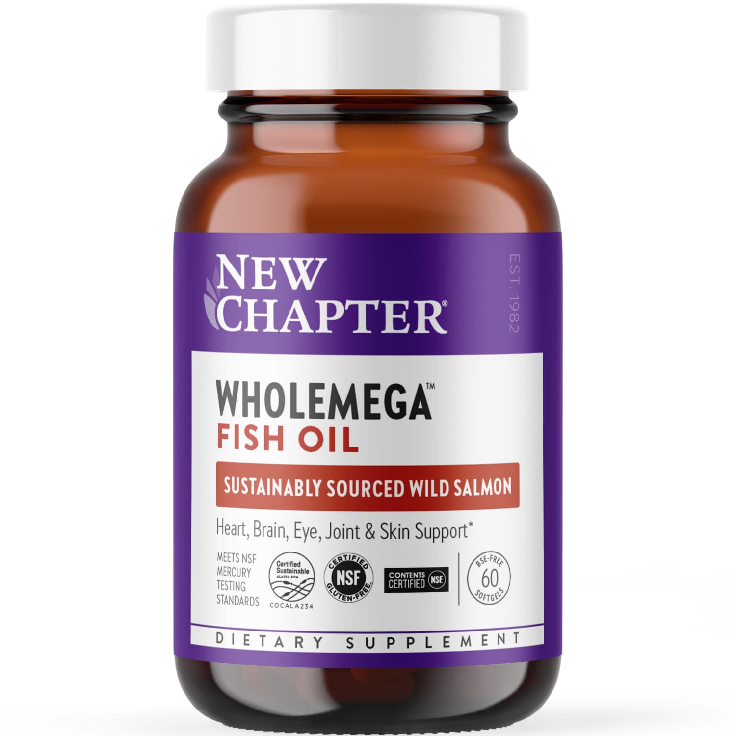 New Chapter Wholemega bottle close-up showing fresh-pressed salmon oil for better absorption