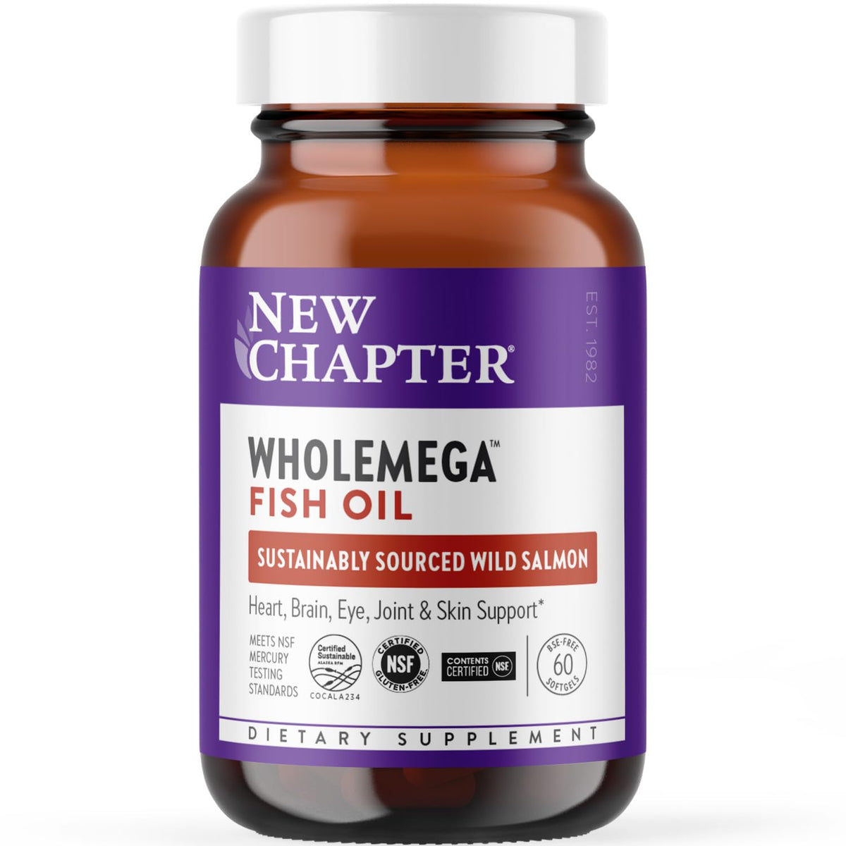 New Chapter Wholemega bottle close-up showing fresh-pressed salmon oil for better absorption