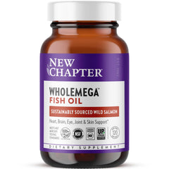 New Chapter Wholemega bottle closeup showing wild Alaskan salmon oil for daily omega-3 support