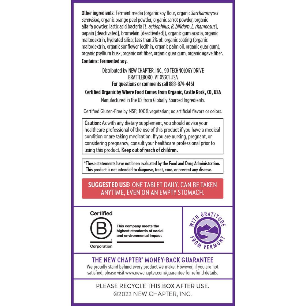 New Chapter Women’s Multivitamin 55+ organic vegetables and herbs seal—quality sourcing.