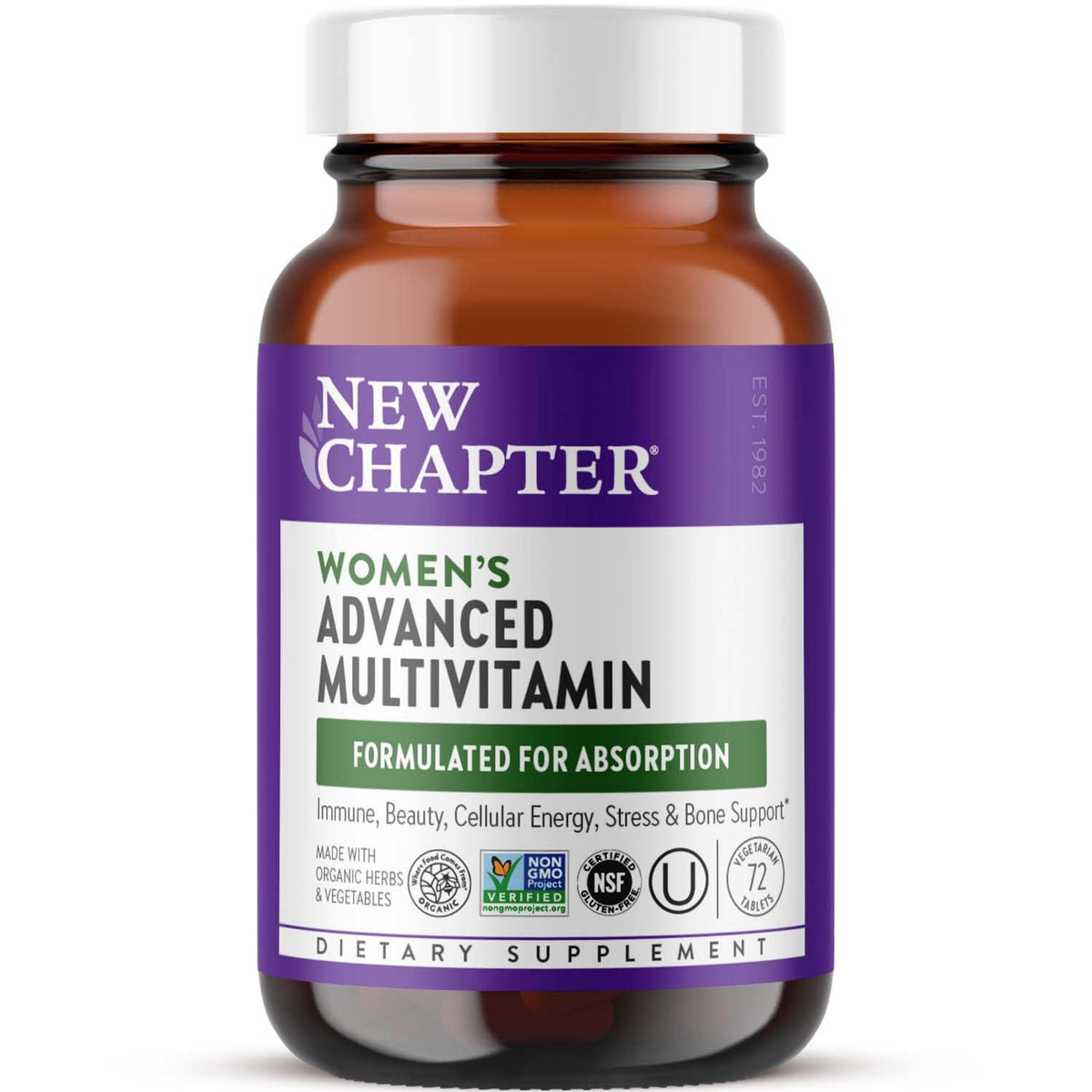 New Chapter Women's Multivitamin Advanced bottle shows whole-food fermented nutrients for daily wellness.