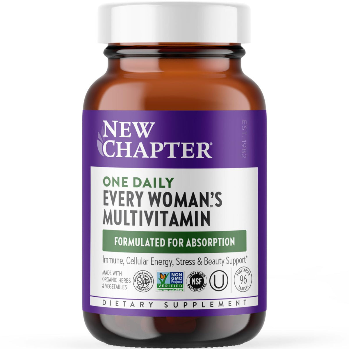 New Chapter Every Woman's One Daily bottle showing a complete multivitamin for daily immune and energy support.