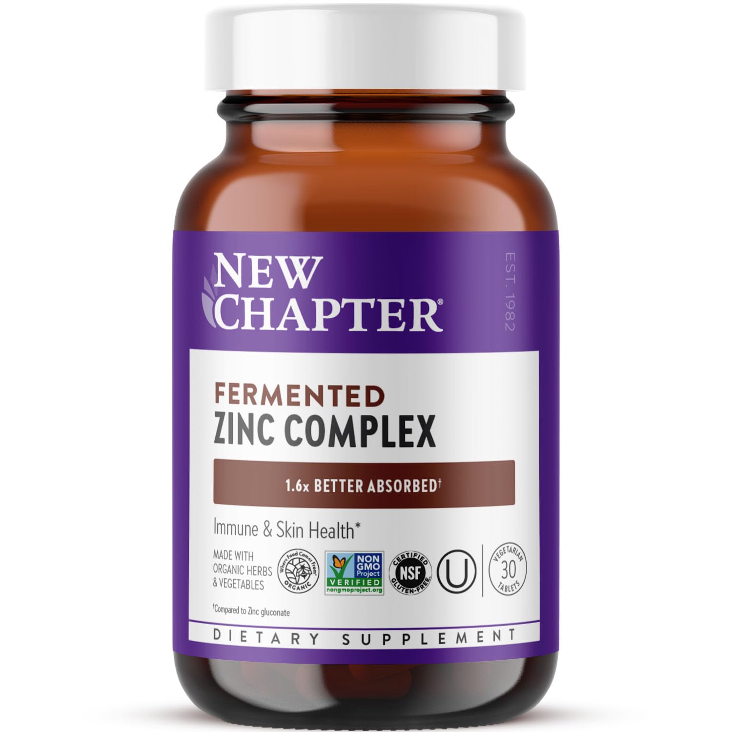 New Chapter zinc supplement bottle shows easy daily intake for immune support.