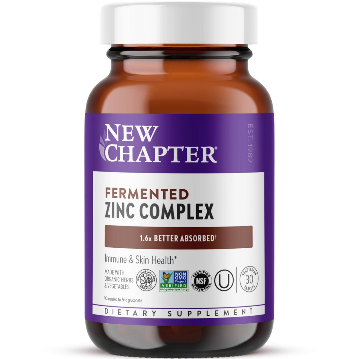New Chapter zinc supplement bottle shows easy daily intake for immune support.