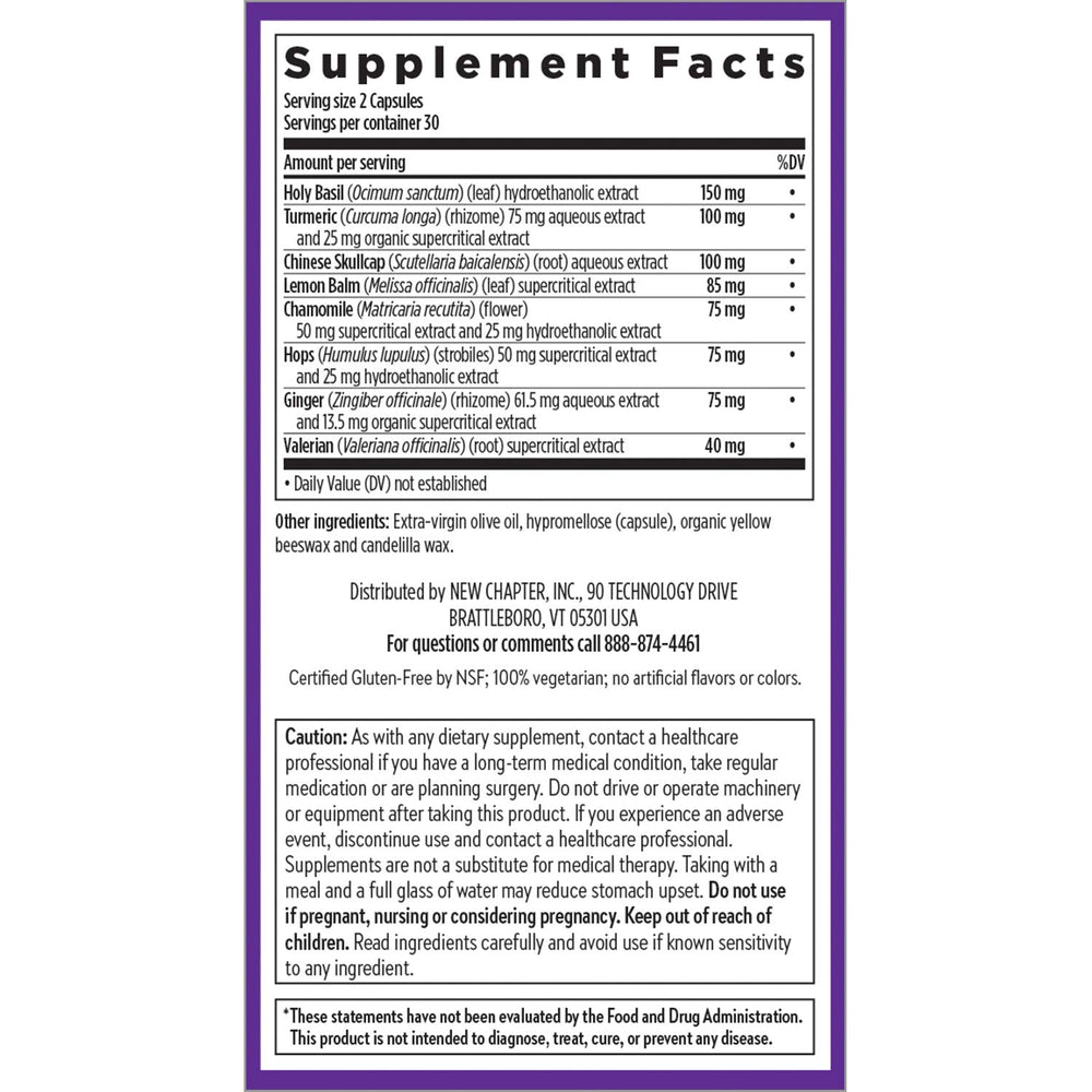 New Chapter Zyflamend Nighttime holy basil component suggests balanced rest.
