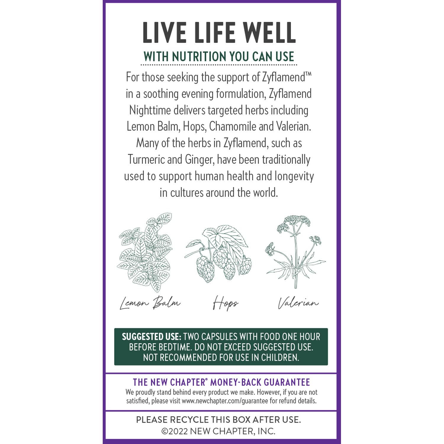New Chapter Zyflamend Nighttime label communicates non-GMO, gluten-free, vegetarian formula.