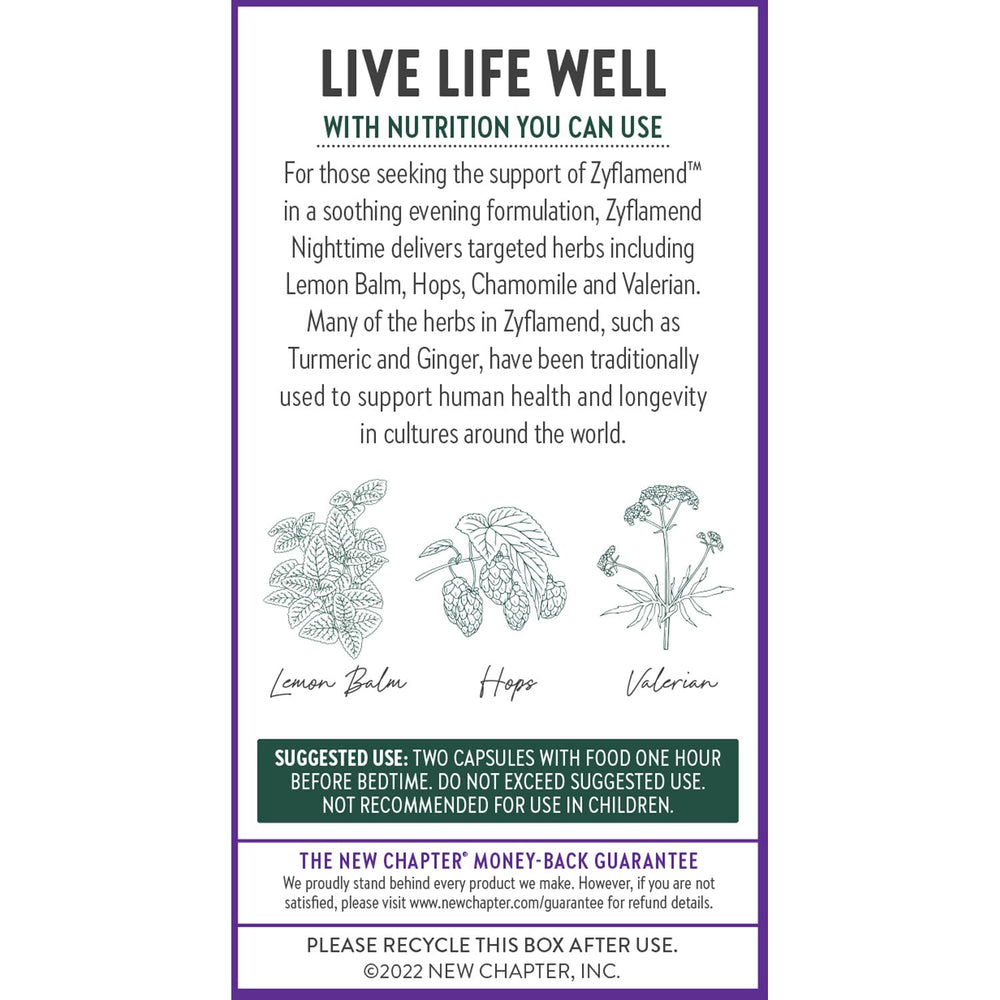 New Chapter Zyflamend Nighttime label communicates non-GMO, gluten-free, vegetarian formula.