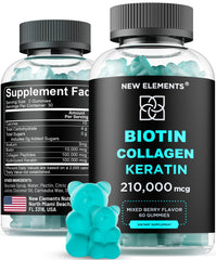 New Elements Biotin Gummies bottle for easy daily use supporting hair, skin, and nails.