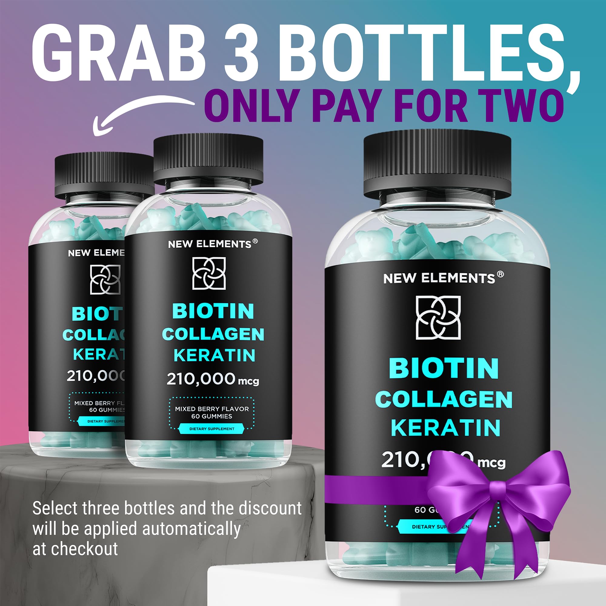 New Elements Biotin Gummies closeup keratin highlights keratin for stronger hair and nails.
