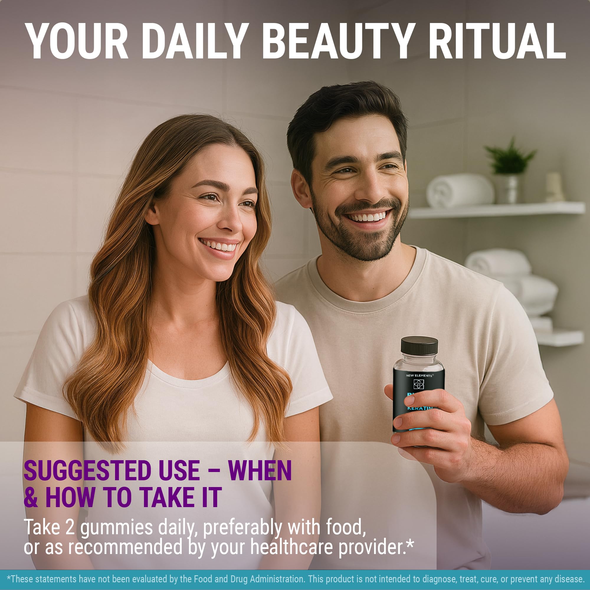 New Elements Biotin Gummies hands holding bottle ready for daily routine.