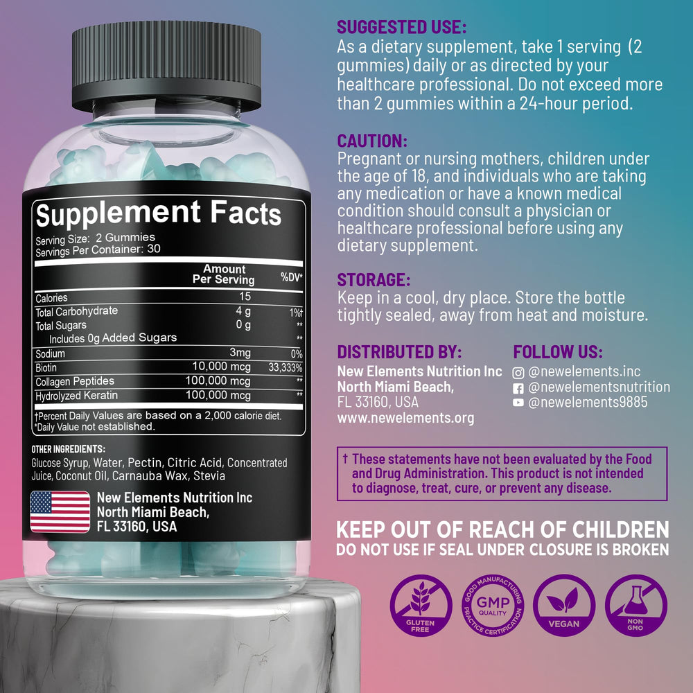 New Elements Biotin Gummies ingredients show biotin, keratin, and collagen peptides for skin and hair support.