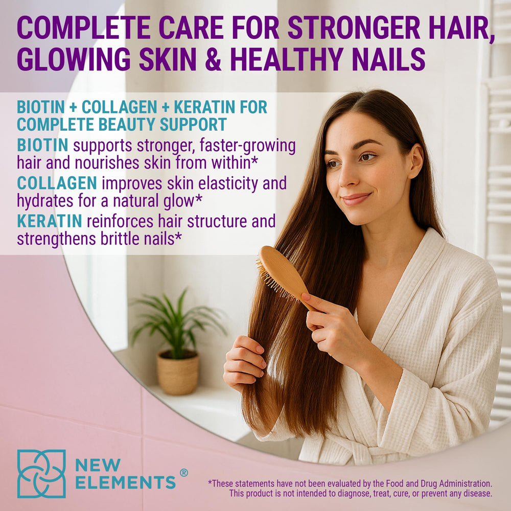 New Elements Biotin Gummies packaging sleek label for easy on the go use.