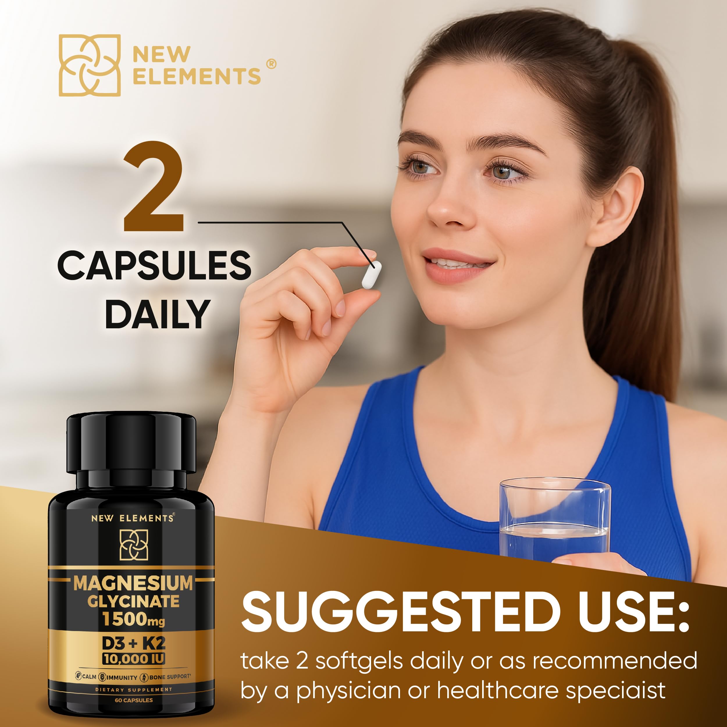 New Elements bottle with dosing spoon illustrating convenient daily intake.
