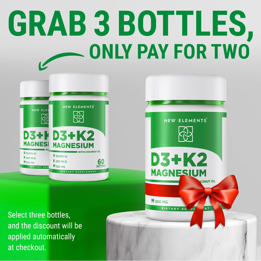 New Elements D3 K2 bottle label view showing non-GMO and gluten-free formula