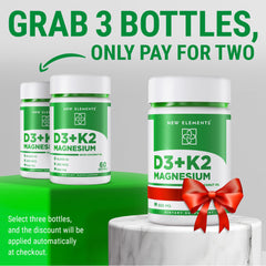 New Elements D3 K2 bottle label view showing non-GMO and gluten-free formula