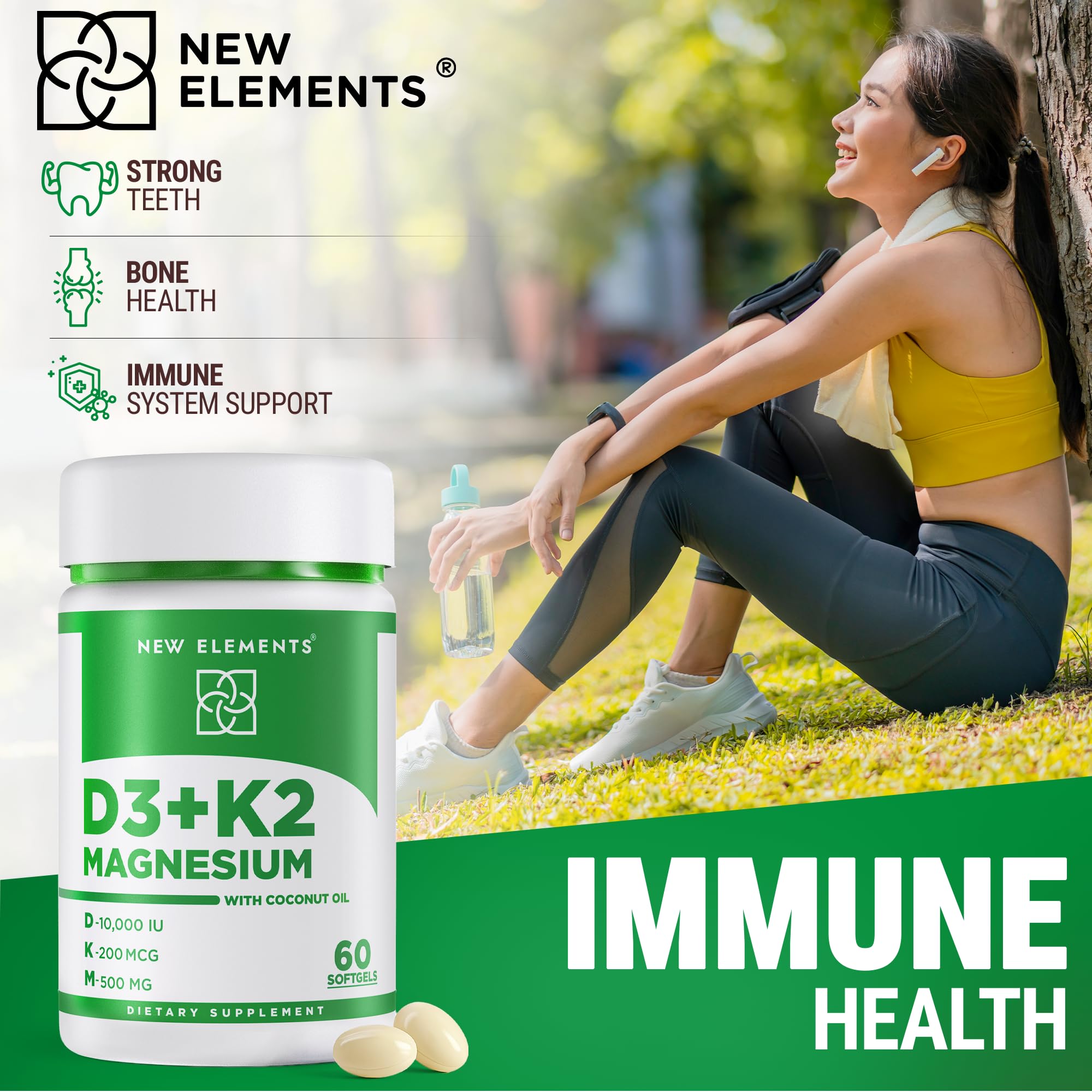 New Elements D3 K2 bottle with glass of water suggests simple daily routine