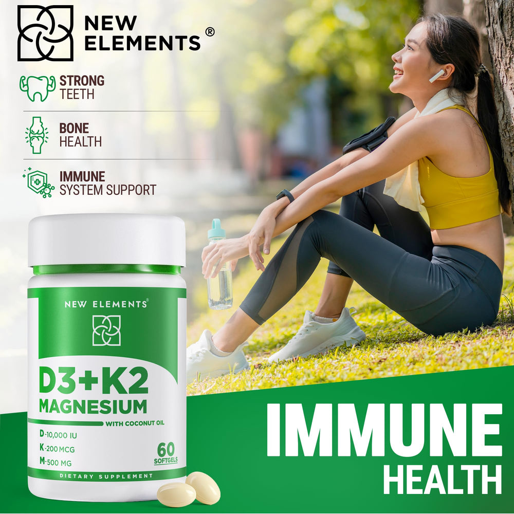 New Elements D3 K2 bottle with glass of water suggests simple daily routine