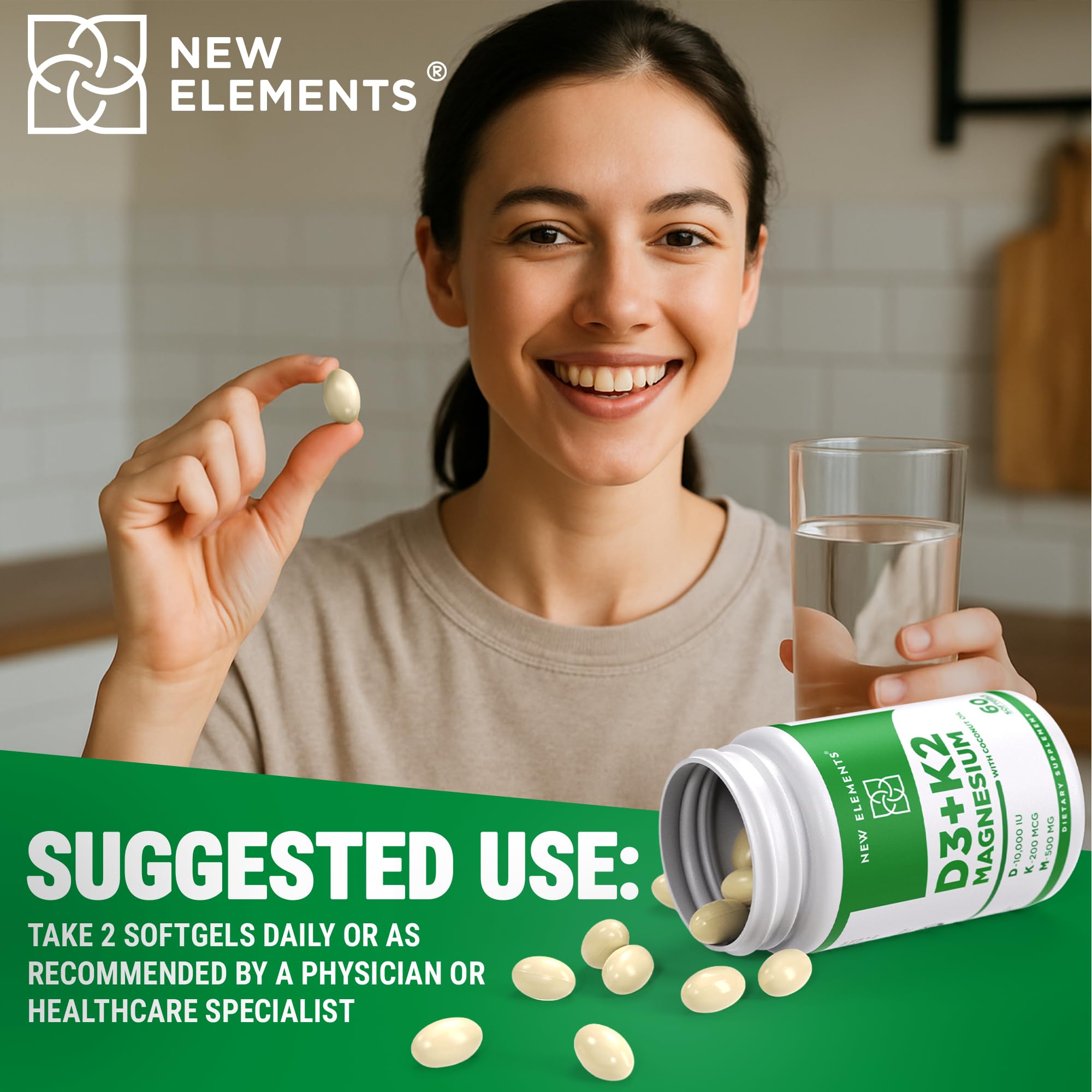 New Elements D3 K2 user holding bottle on kitchen counter