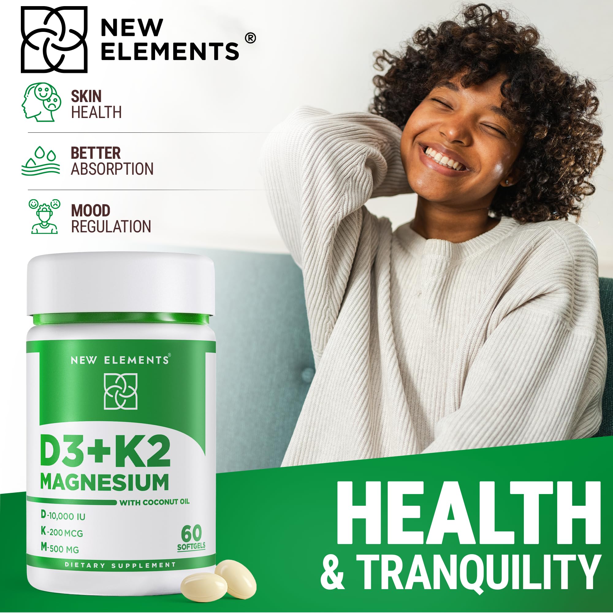 New Elements D3 K2 ingredient panel shot highlights magnesium glycinate synergy