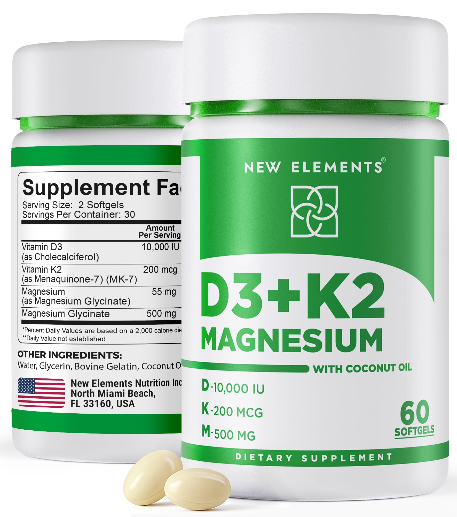New Elements Vitamin D3 K2 softgels bottle front for daily bone health support