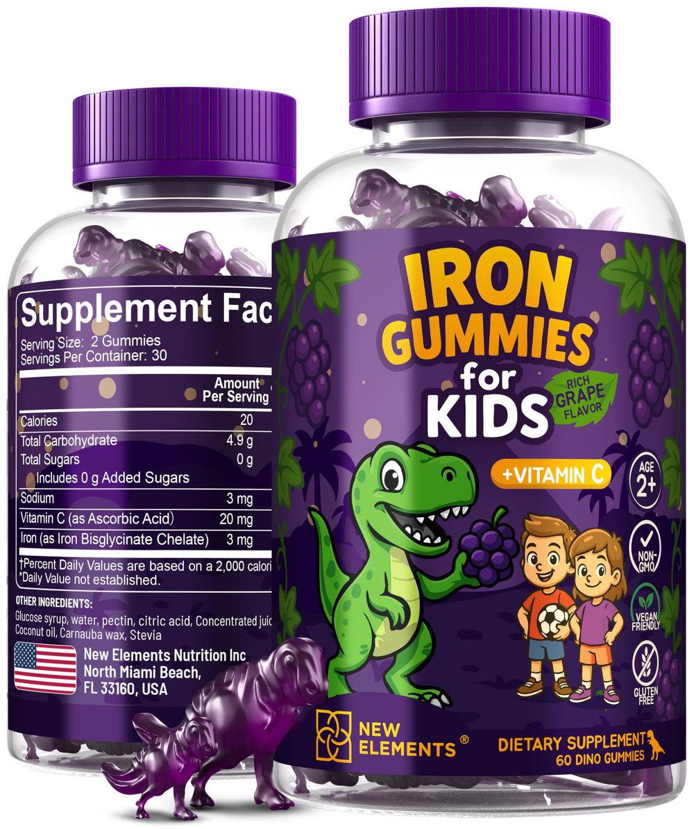New Elements Iron Dinosaur Gummies bottle front featuring grape flavor for kids.