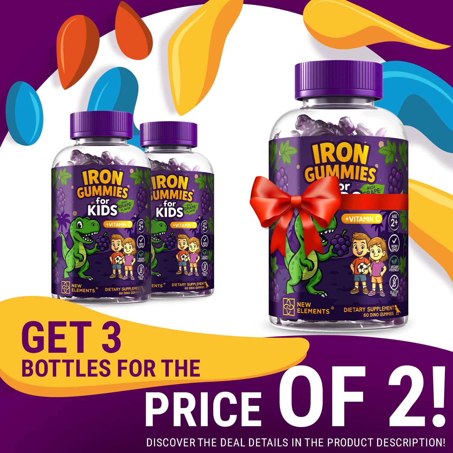 New Elements Iron Dinosaur Gummies grape flavor package close-up with vegan ingredients.