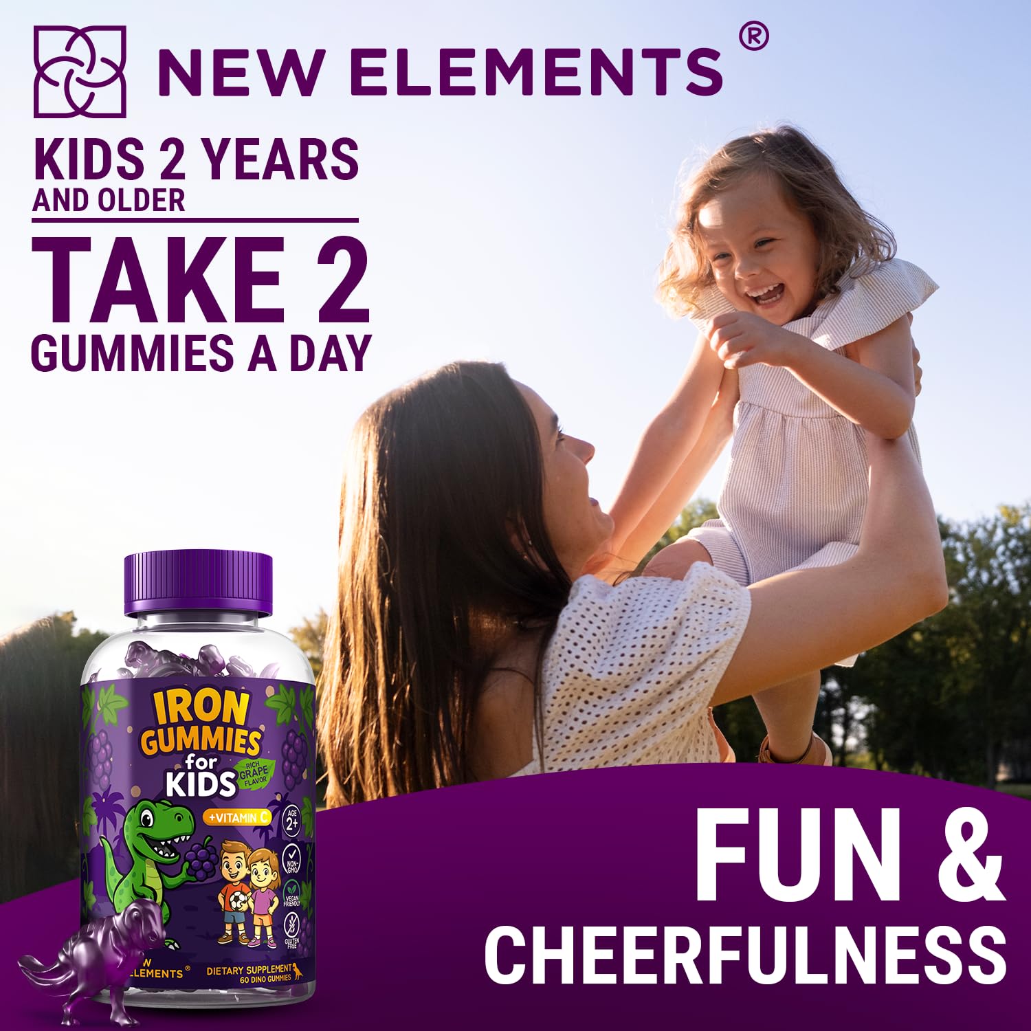 Kid-friendly dosage and grape scent card with colorfully designed pack.
