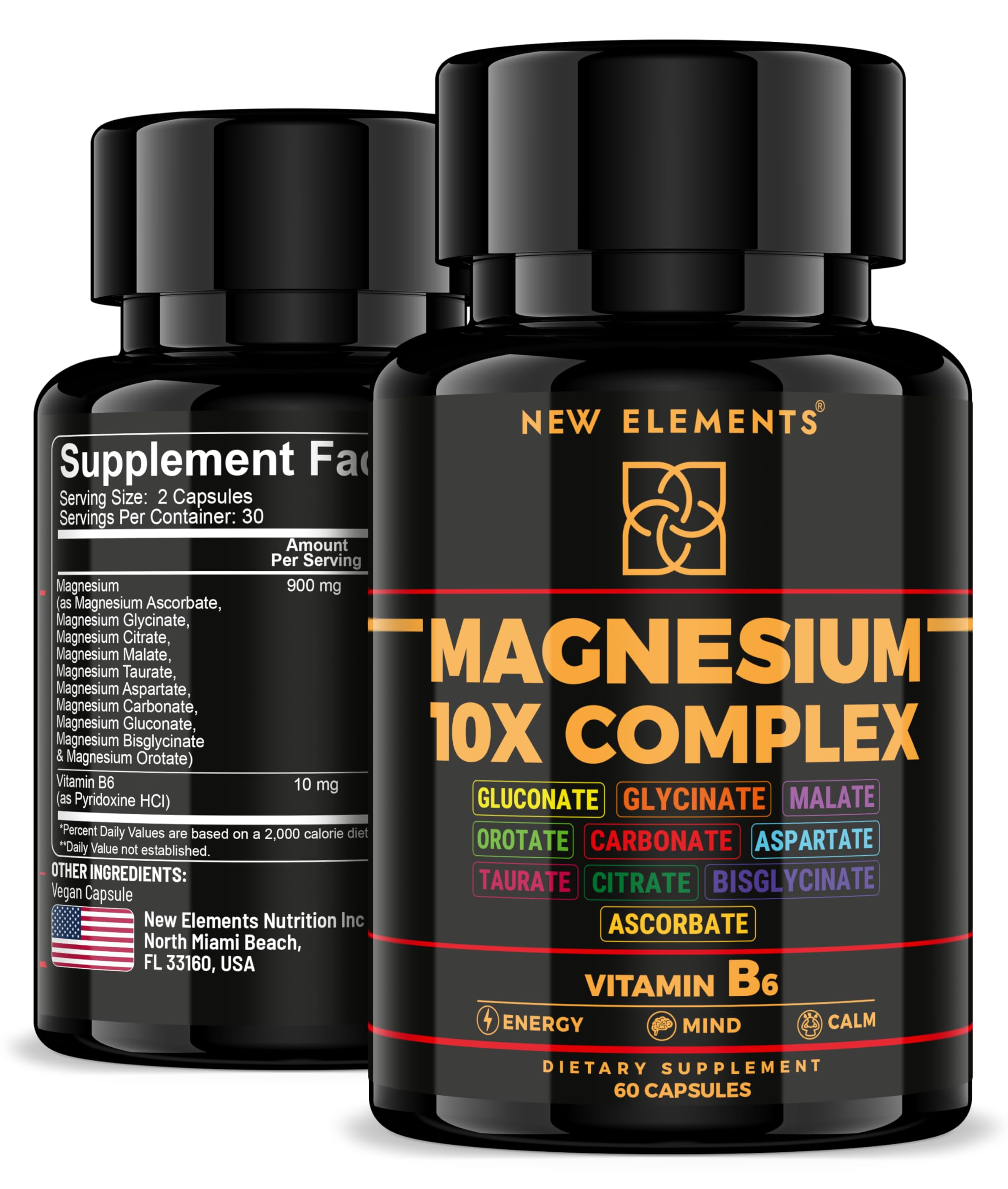 New Elements Magnesium 10X Complex bottle front with capsules for daily calm and energy.