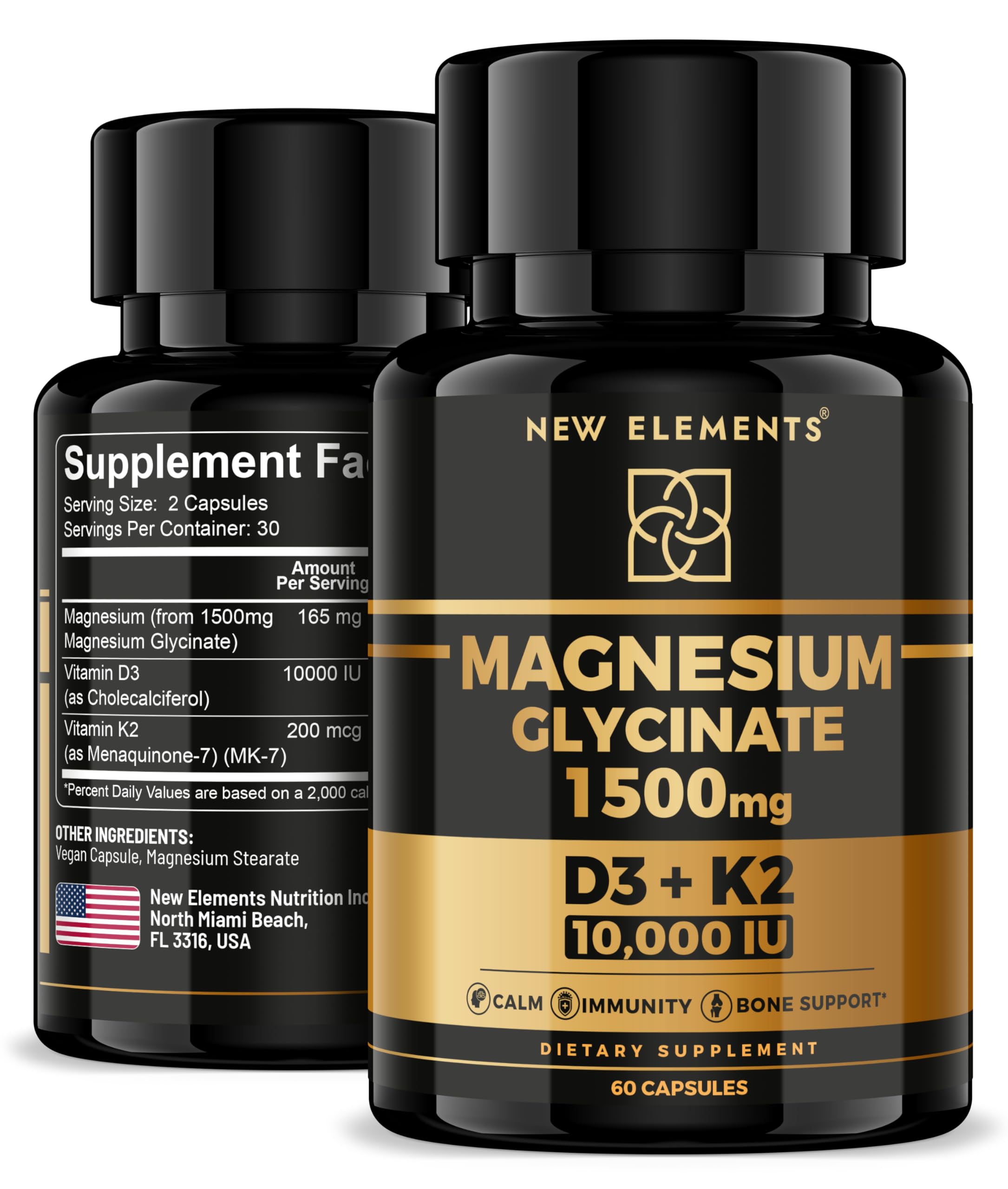 New Elements Magnesium Glycinate 1500mg bottle front showing daily supplement for muscles and nerves.