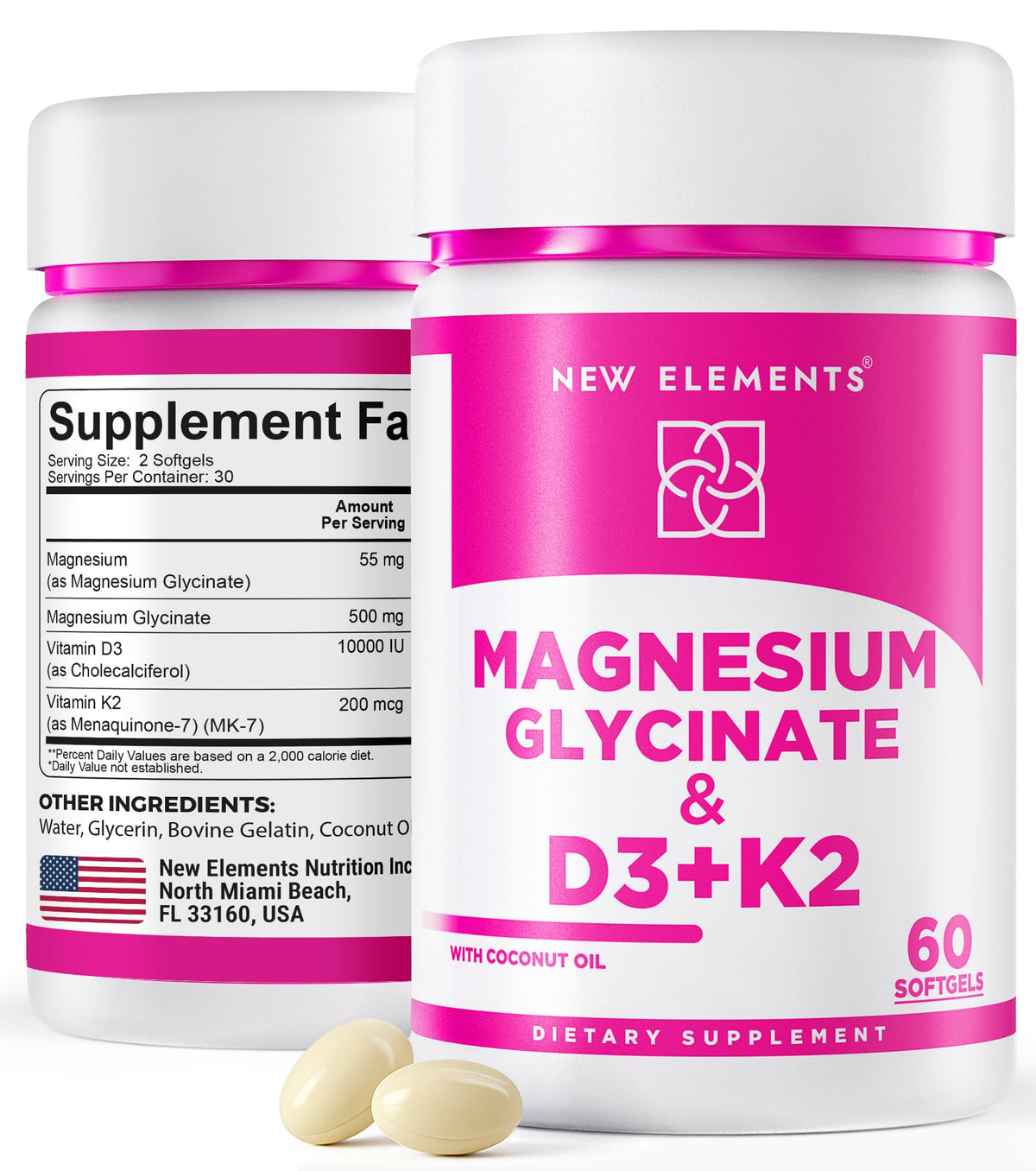 New Elements Magnesium Glycinate D3 K2 softgels bottle highlighting enhanced absorption