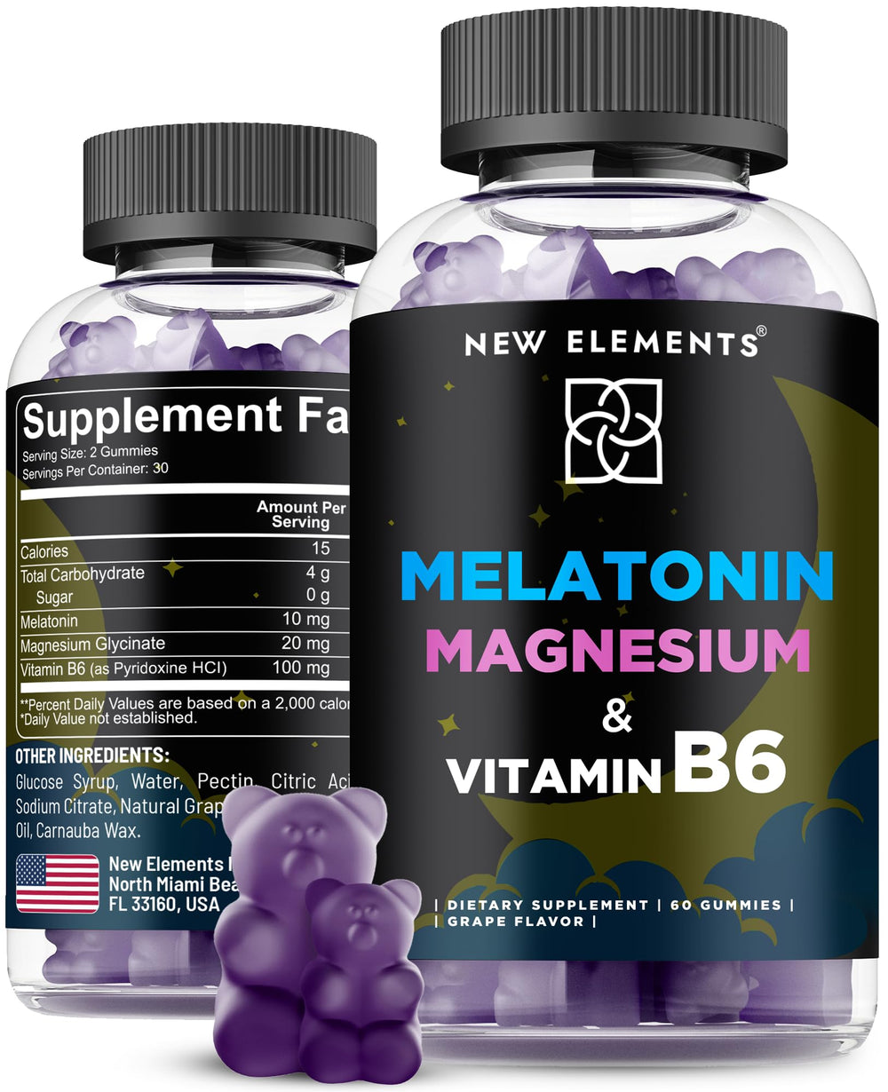 New Elements Melatonin Gummies bottle with natural grape flavor for a calm bedtime routine.
