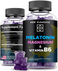 New Elements Melatonin Gummies bottle with natural grape flavor for a calm bedtime routine.