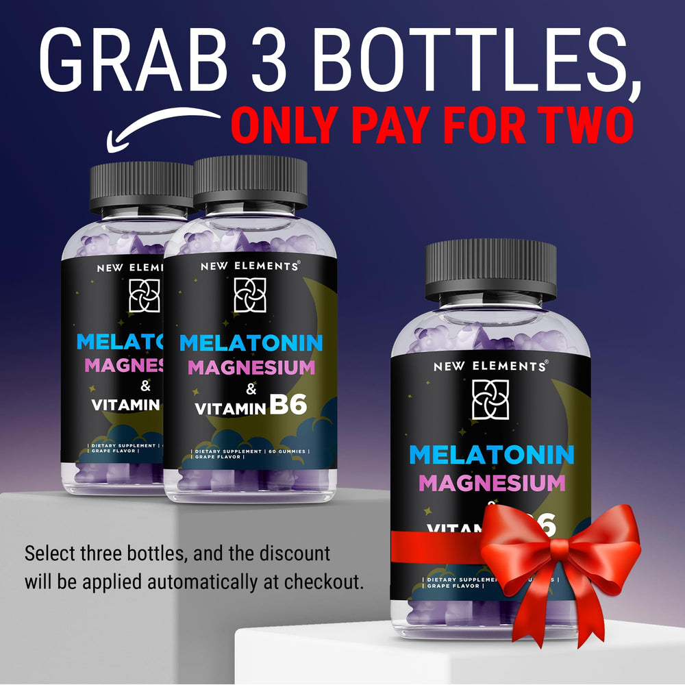 New Elements Melatonin Gummies closeup showing chewable texture and grape flavor for night-time support.