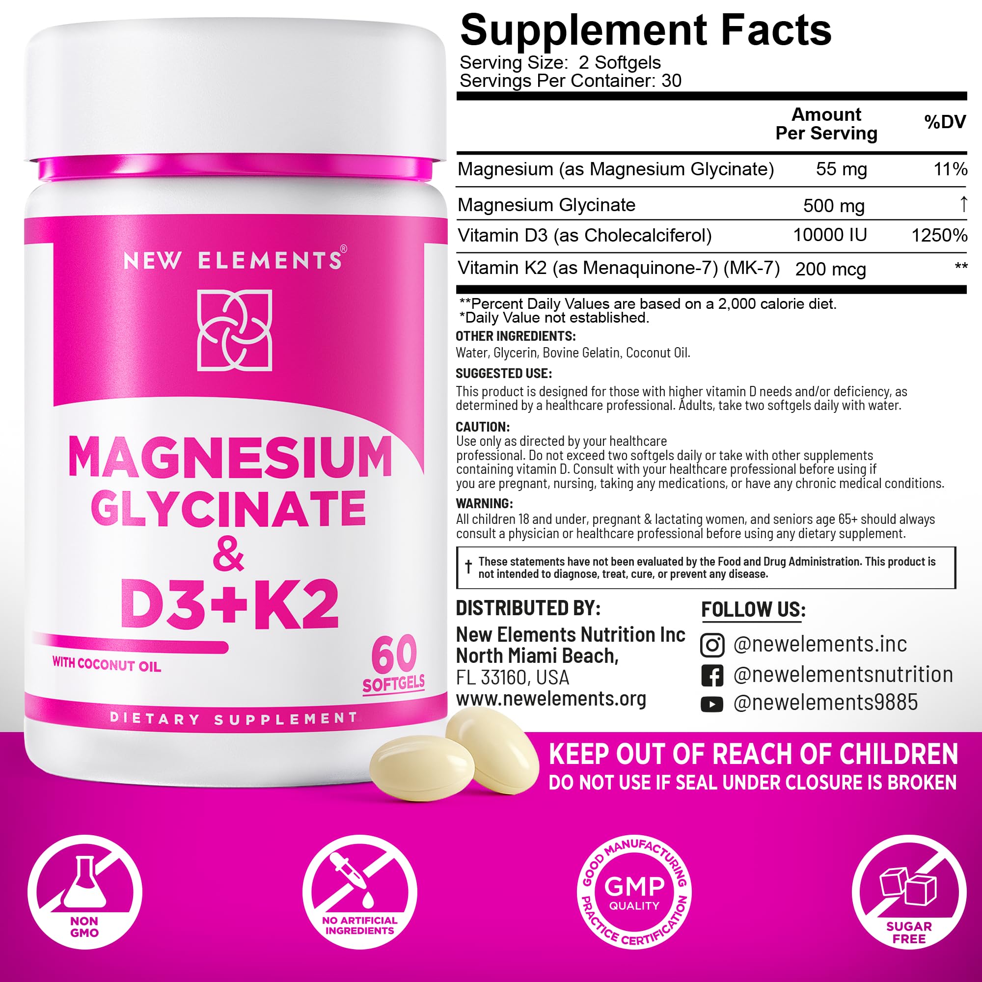 New Elements non-GMO gluten-free label on softgels against a clean backdrop
