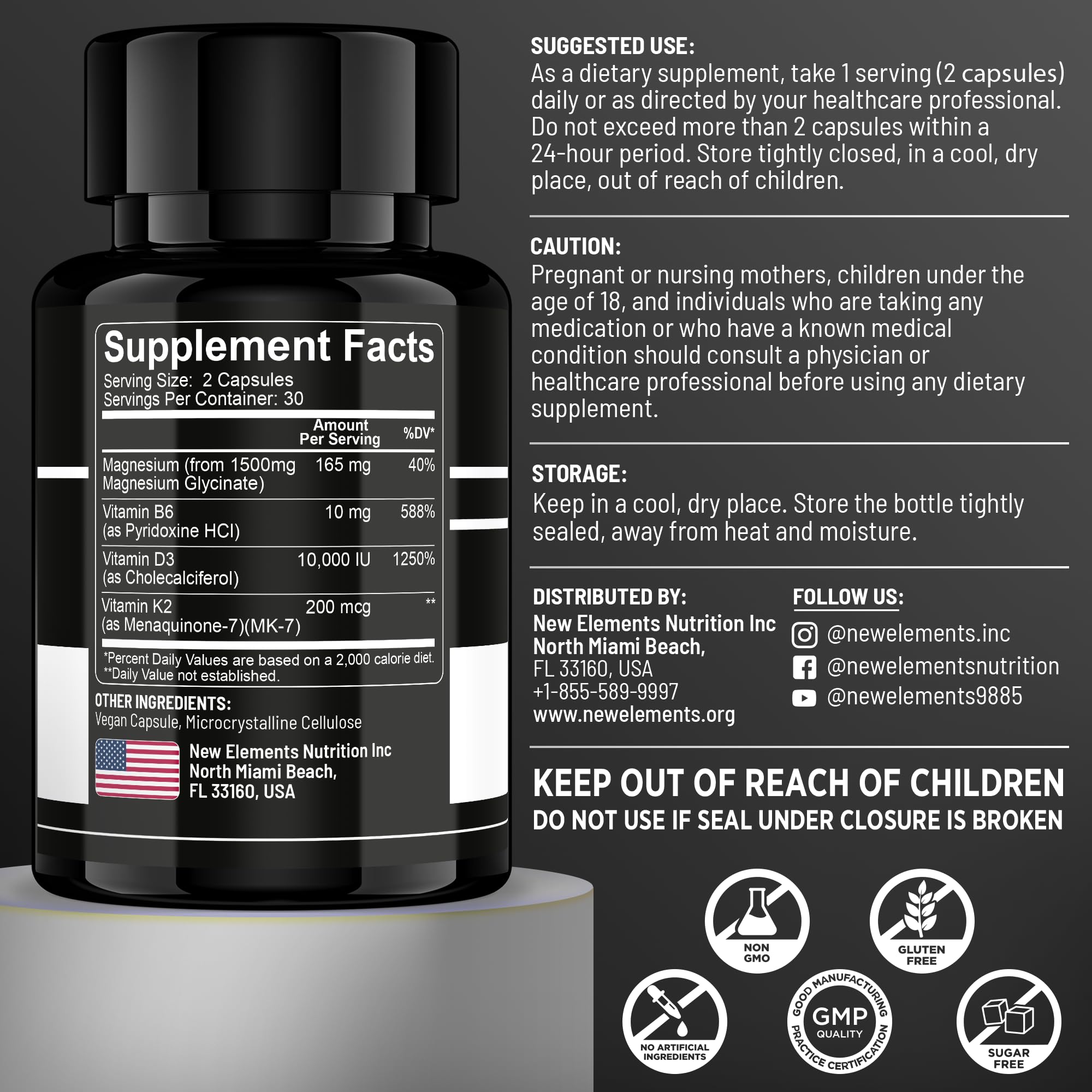 New Elements Vitamin D3 K2 bottle label highlights MK7, B6 for heart and nerve support.