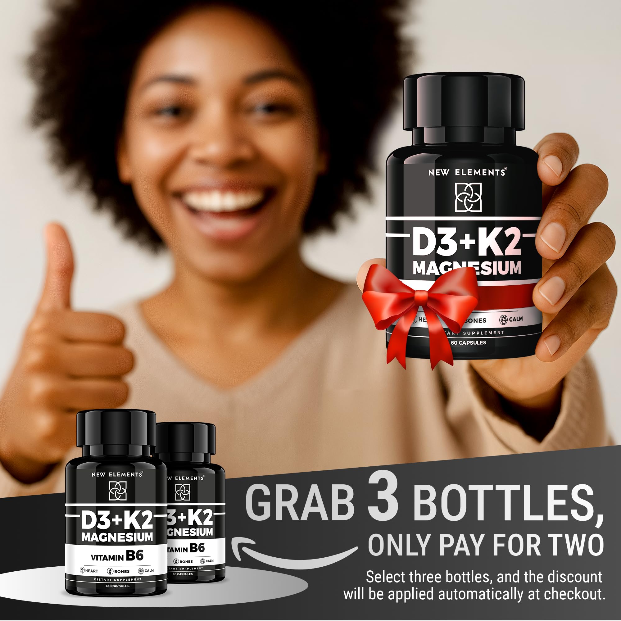 New Elements Vitamin D3 K2 capsules close-up showing premium absorption benefits.