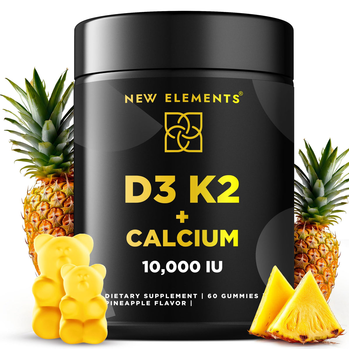 New Elements Vitamin D3 K2 Gummies bottle displaying daily wellness benefits