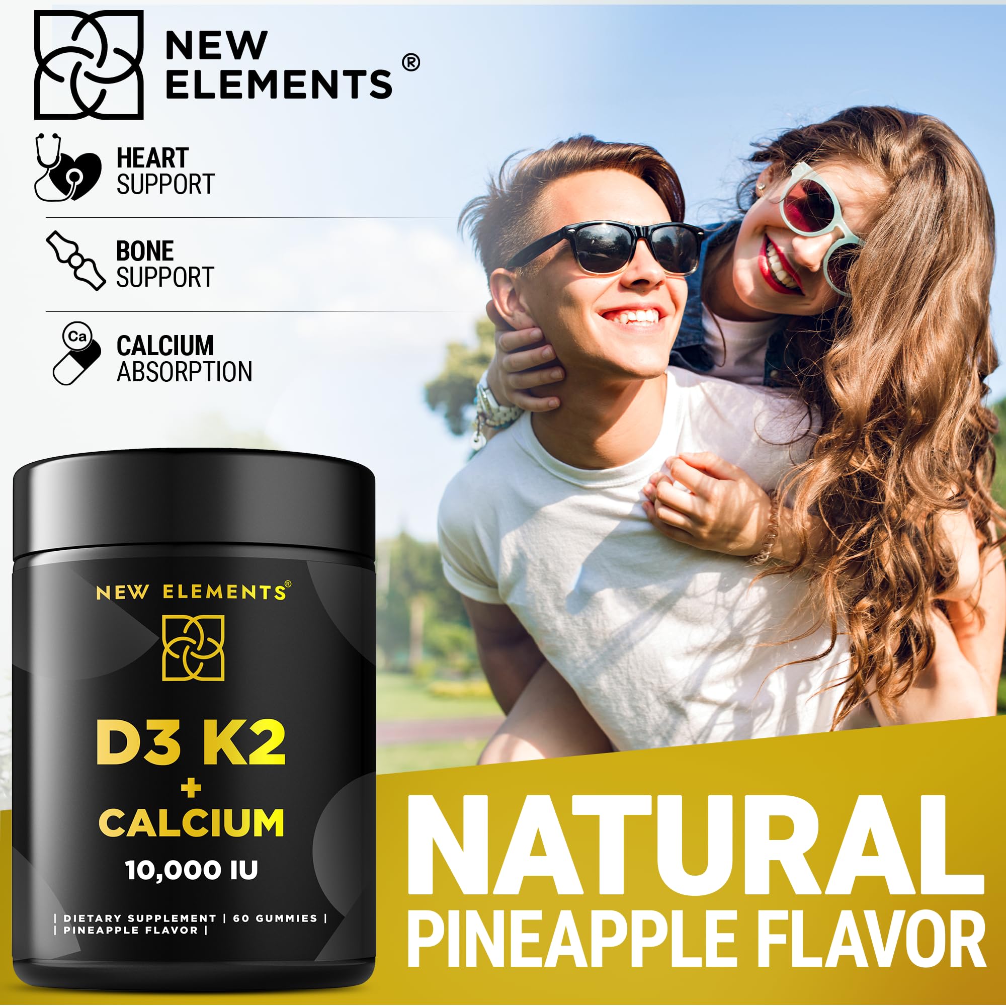 New Elements Vitamin D3 K2 Gummies label emphasizing vegan and non-GMO quality