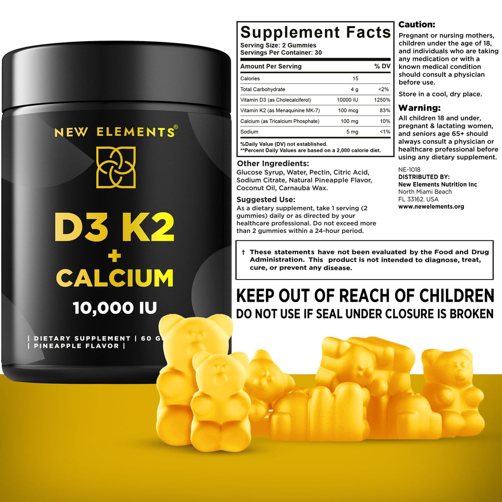 New Elements Vitamin D3 K2 Gummies serving on a tabletop, suggesting easy daily use