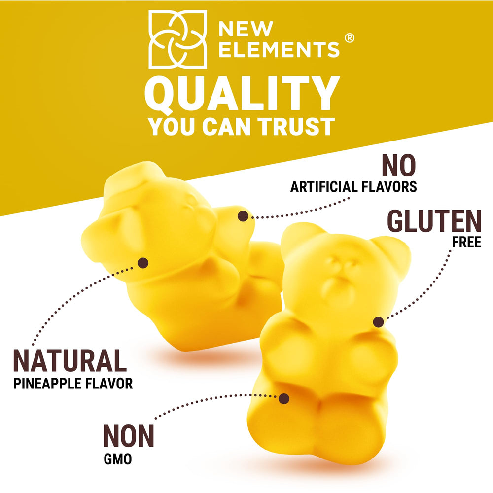 New Elements vegan gluten-free badge on gummy packaging signals inclusivity