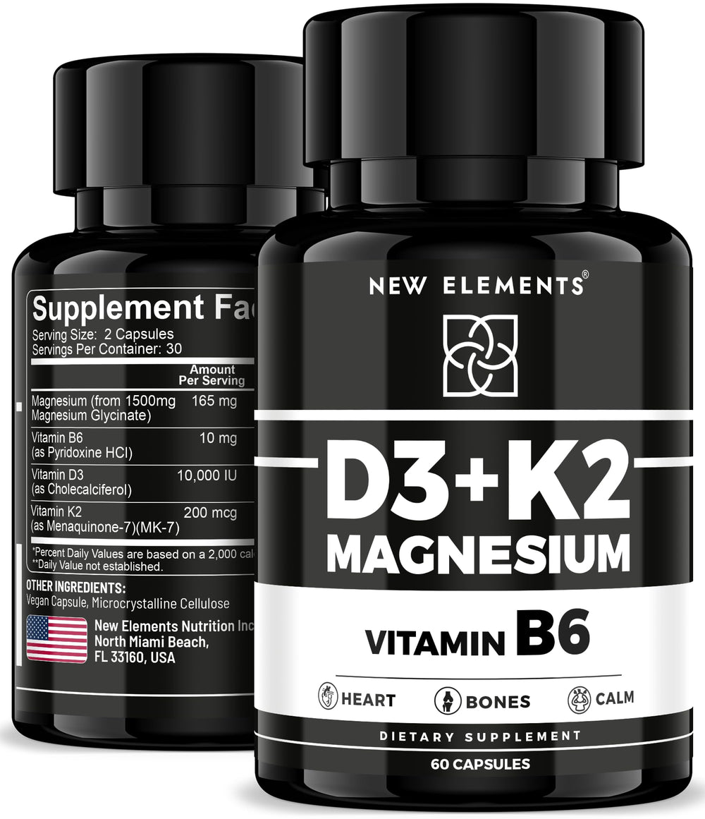 New Elements Vitamin D3 K2 bottle with magnesium capsules for bone support.