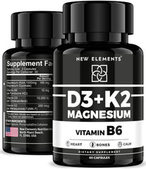 New Elements Vitamin D3 K2 bottle with magnesium capsules for bone support.