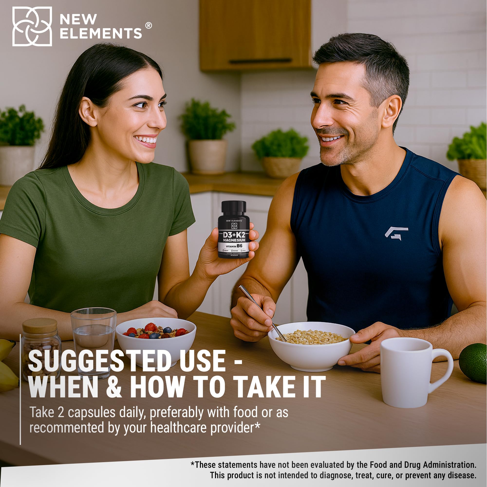 New Elements Vitamin D3 K2 vegan bottle showing non-GMO formula.