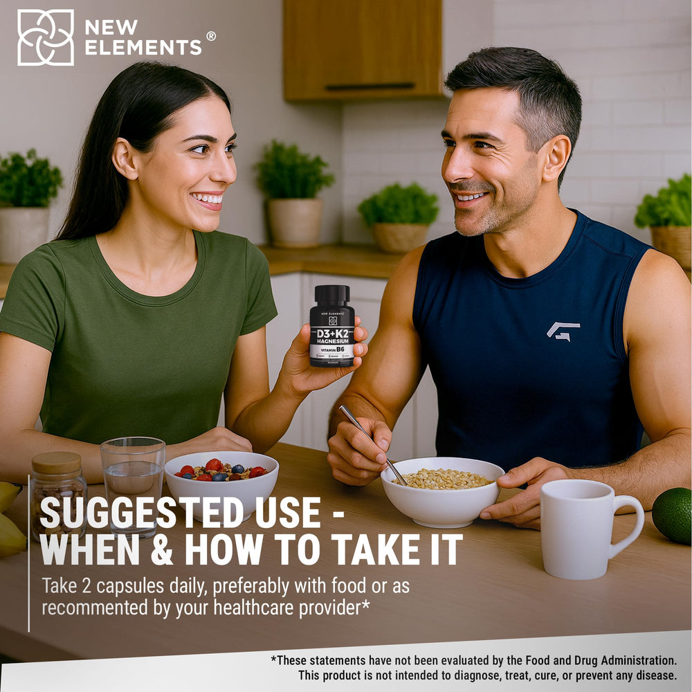 New Elements Vitamin D3 K2 vegan bottle showing non-GMO formula.