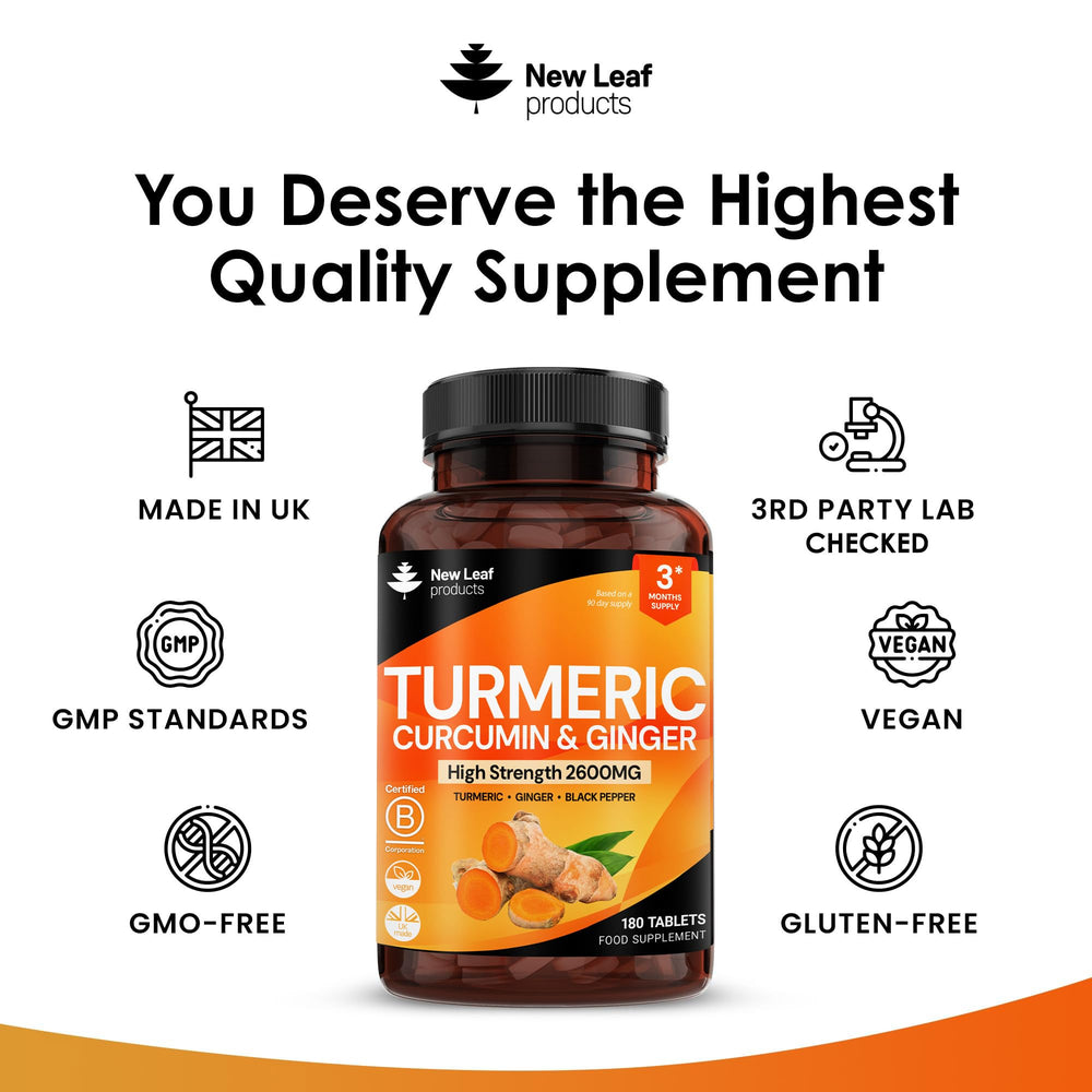 New Leaf Turmeric bottle back label details ingredients and safety standards.