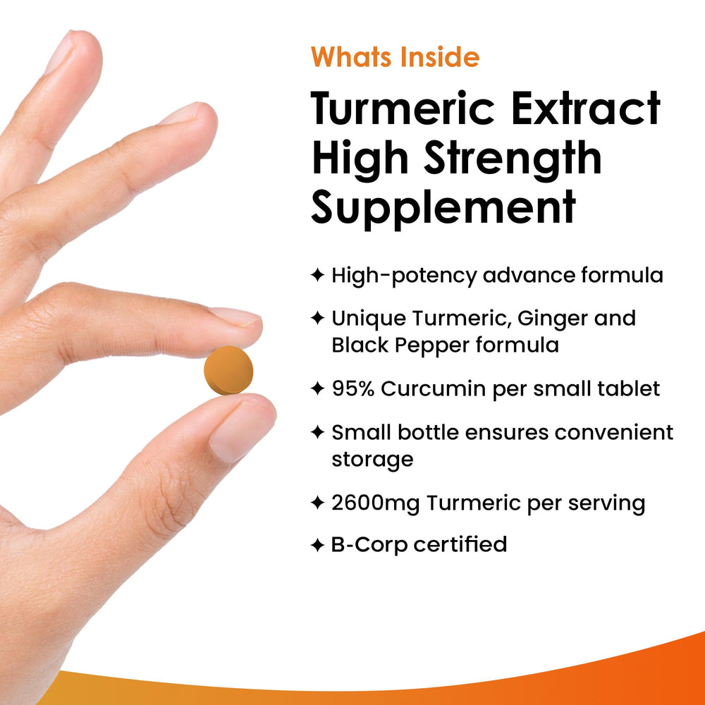 New Leaf Turmeric tablets close-up shows small, easy-to-swallow form.