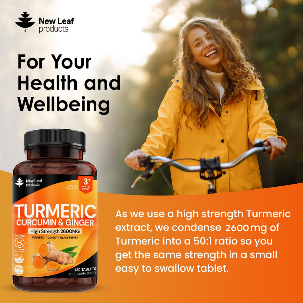 New Leaf Turmeric tablets with ginger and black pepper for absorption support.