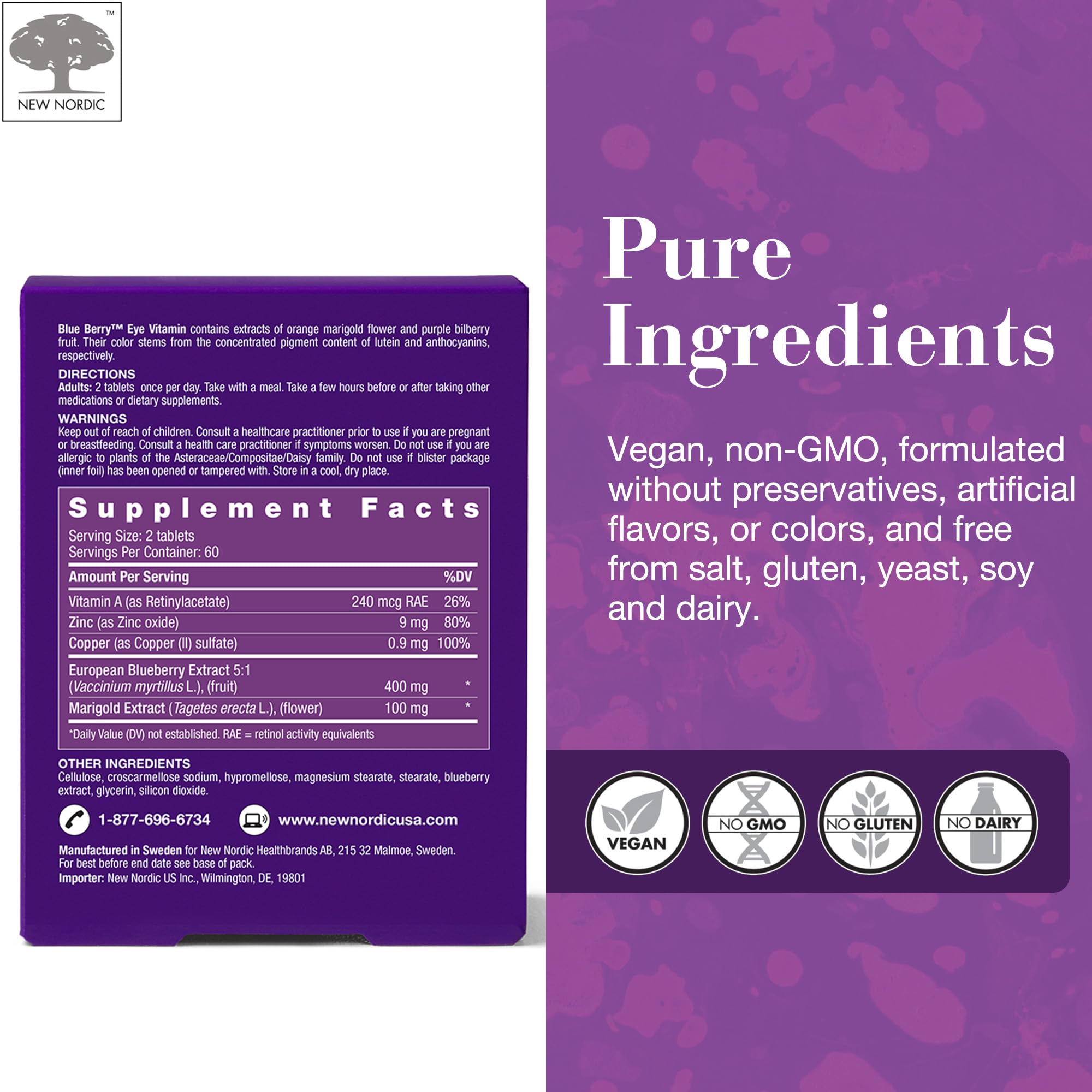 New Nordic vitamins A and E eye health label highlights essential nutrients.
