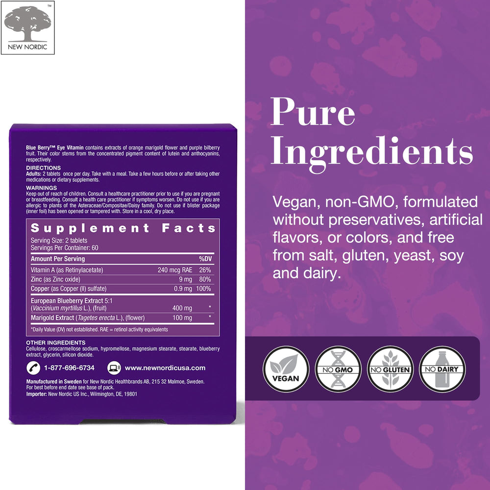 New Nordic vitamins A and E eye health label highlights essential nutrients.